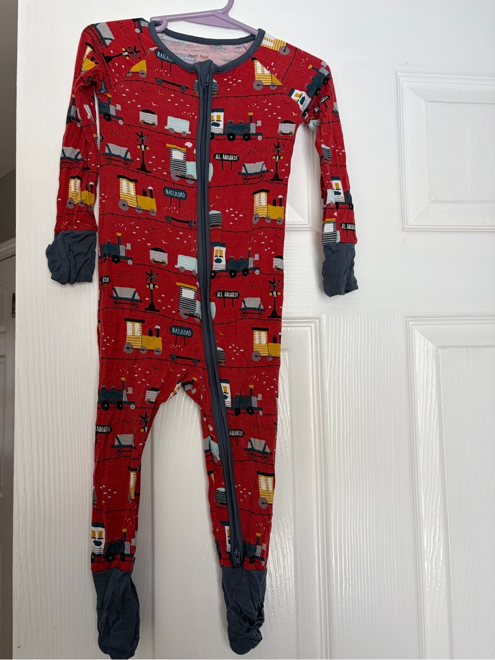 Little Sleepies Red Train-Print Footed One-Piece